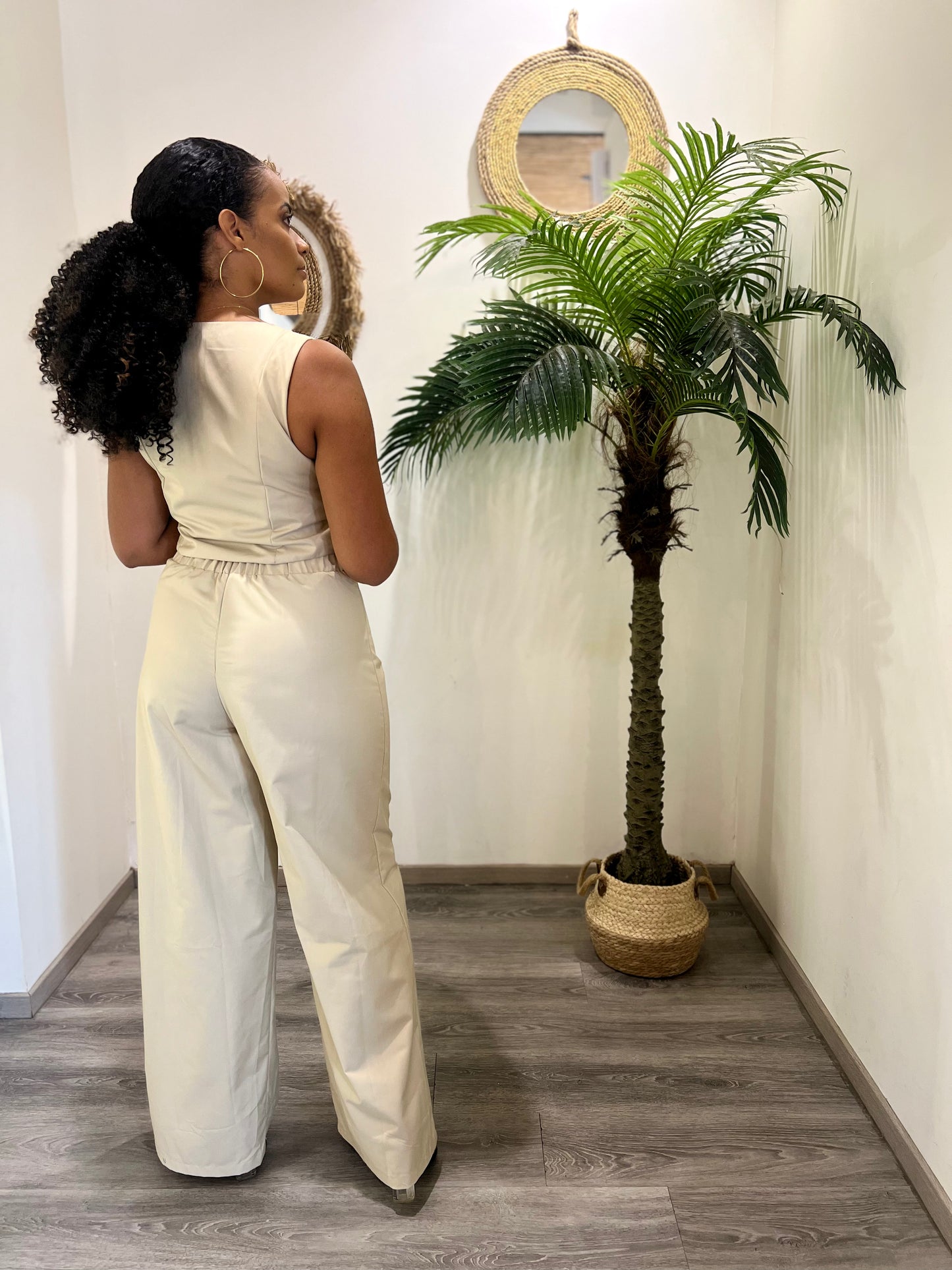 Ensemble pantalon beige/blanc