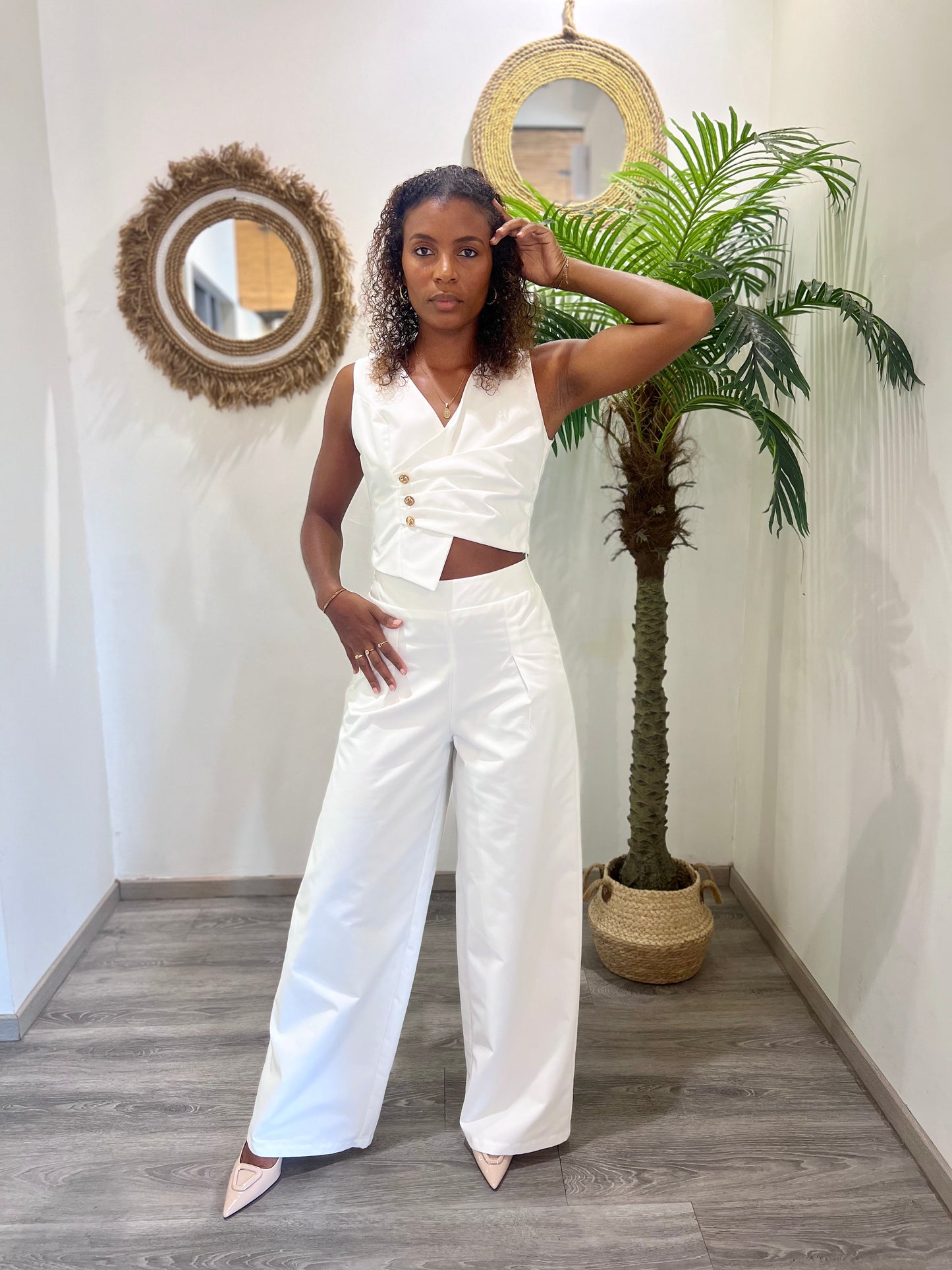 Ensemble pantalon beige/blanc