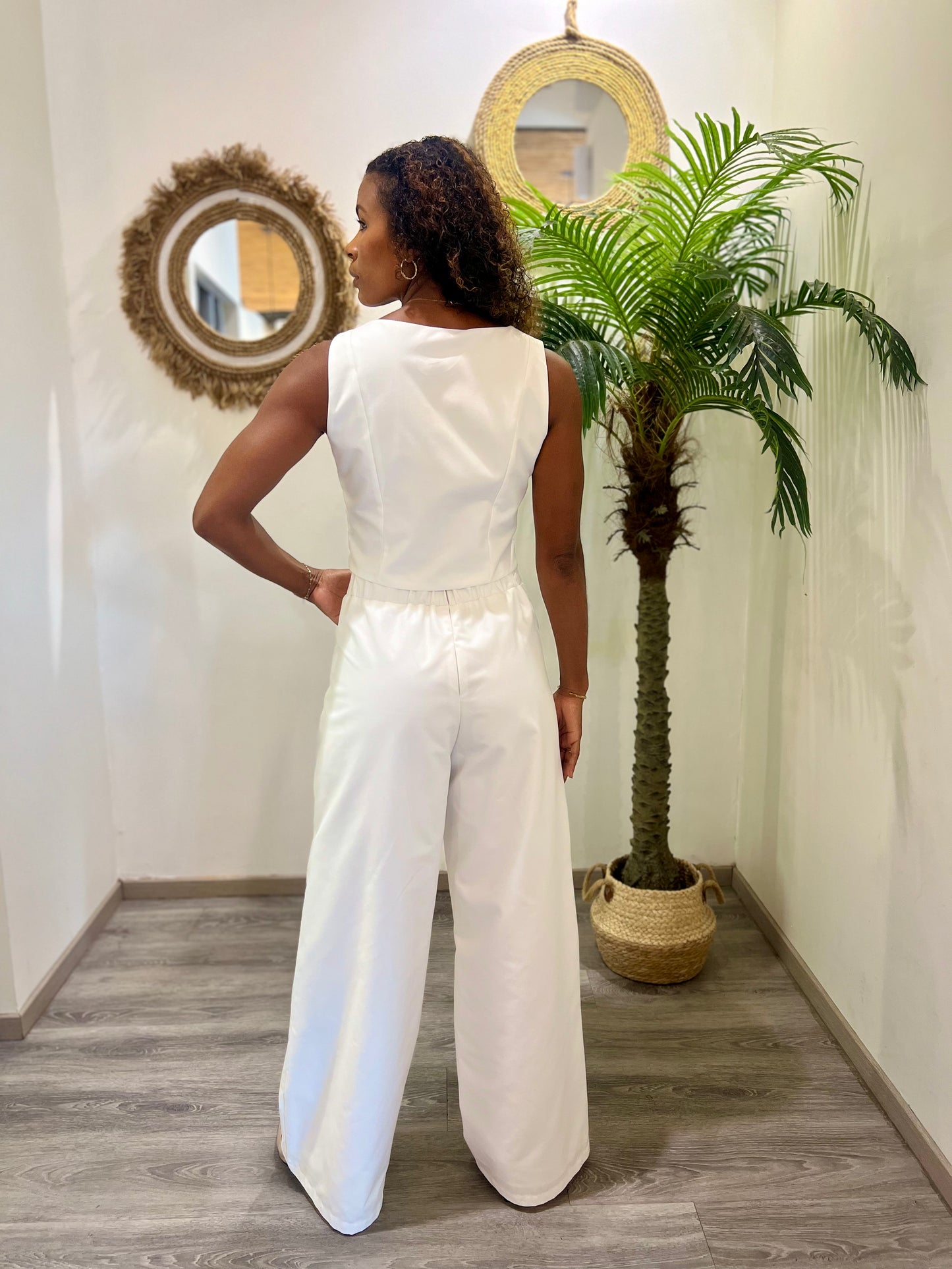 Ensemble pantalon beige/blanc