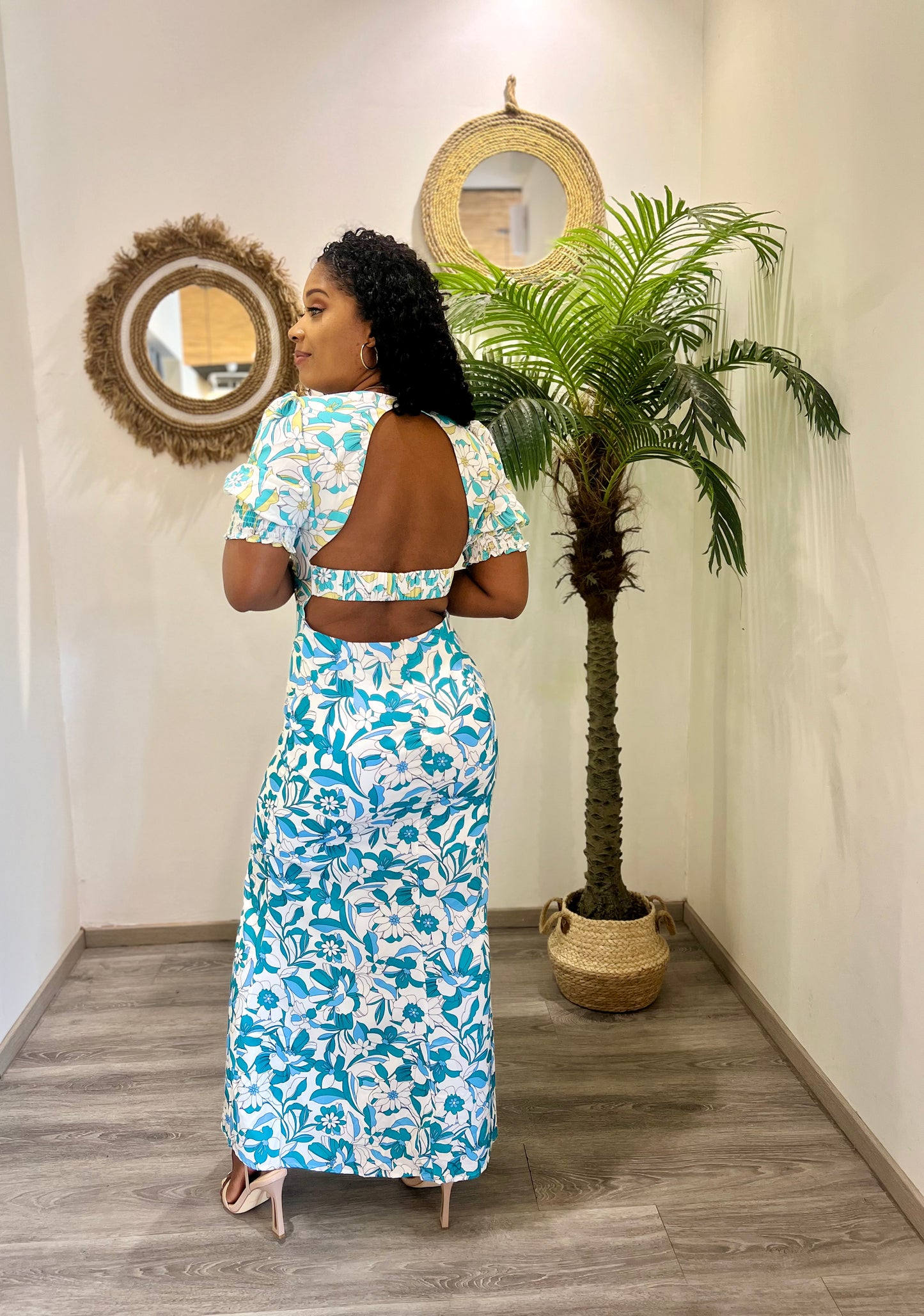 Robe dos nu imprimée bleu
